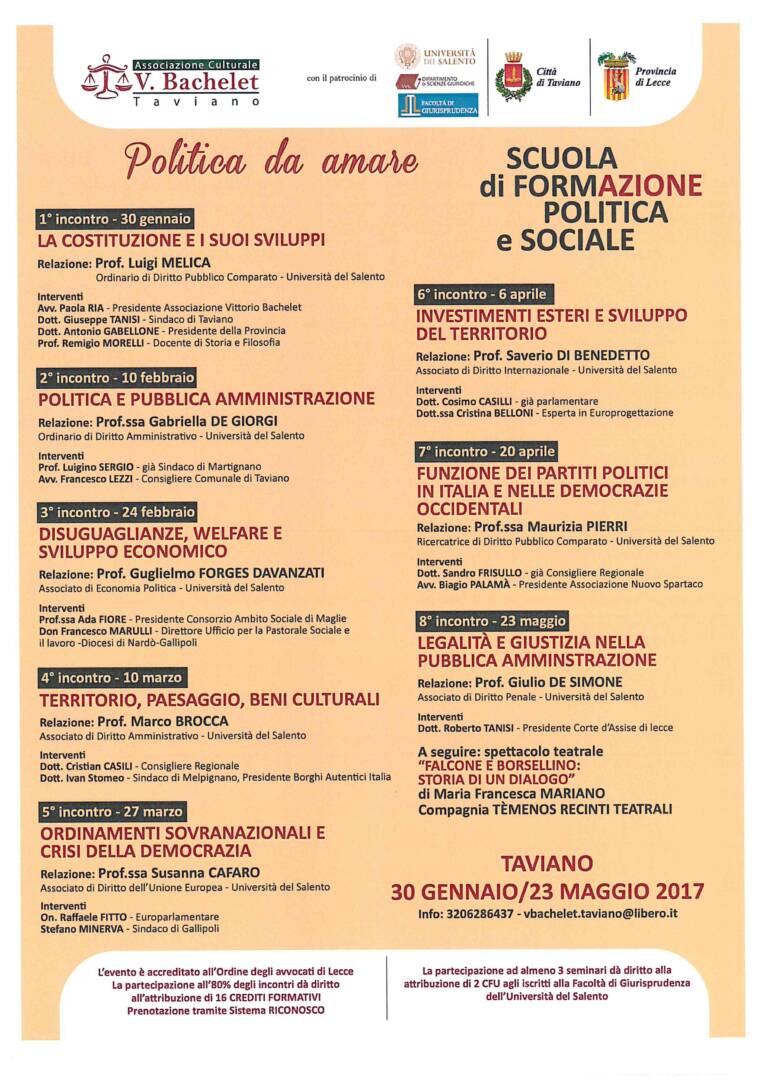 Ciclo di incontri di formazione Ass. Culturale “V. Bachelet” – Taviano 30 gennaio/23 maggio 2017