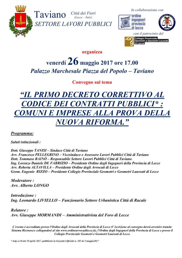 Convegno “Il primo decreto correttivo al Codice dei contratti pubblici: comuni e imprese alla prova della nuova riforma” – Taviano 26/05/2017