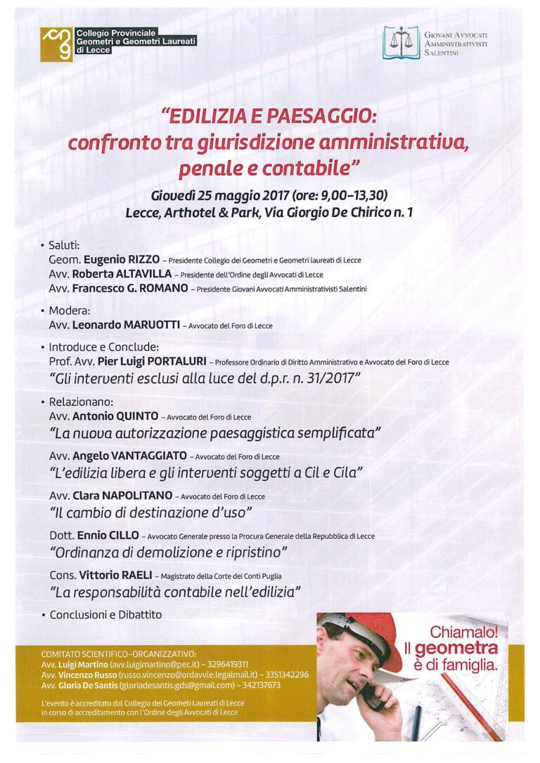 Convegno “EDILIZIA E PAESAGGIO: confronto tra giurisdizione amministrativa, penale e contabile” – Lecce 25 maggio 2017