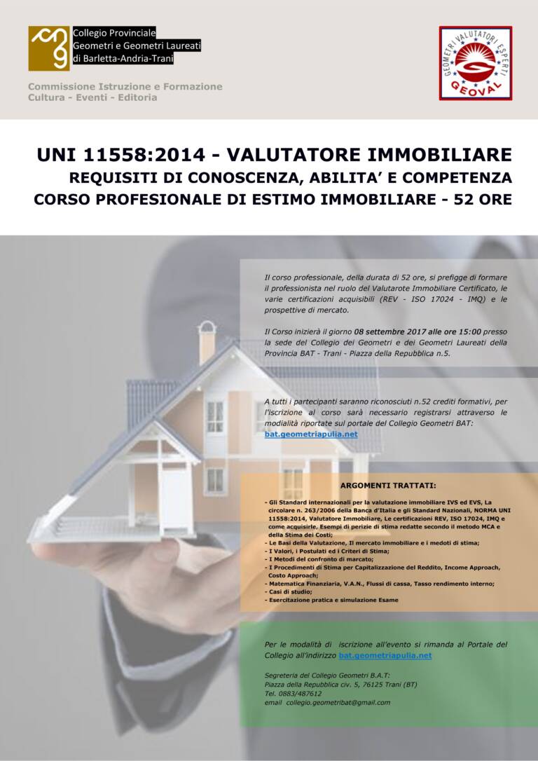 Circolare Collegio Geometri BAT – CORSO PROFESSIONALE ESTIMO IMMOBILIARE DA 52 ORE