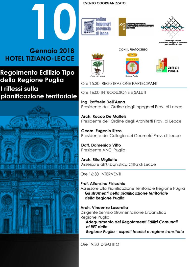 Evento – Regolamento Edilizio Tipo della Regione Puglia. I riflessi sulla pianificazione territoriale – Lecce 10/01/2018