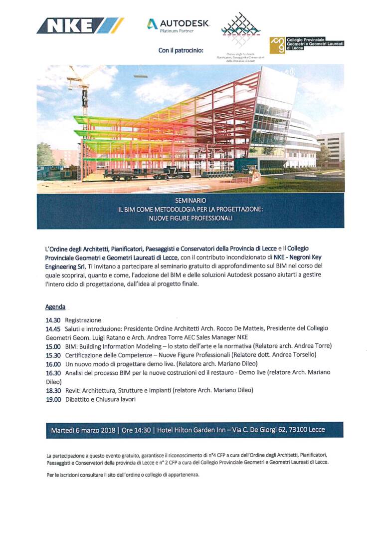 Seminario “Il BIM come metodologia per la progettazione: nuove figure professionali” – Lecce 06/03/2018