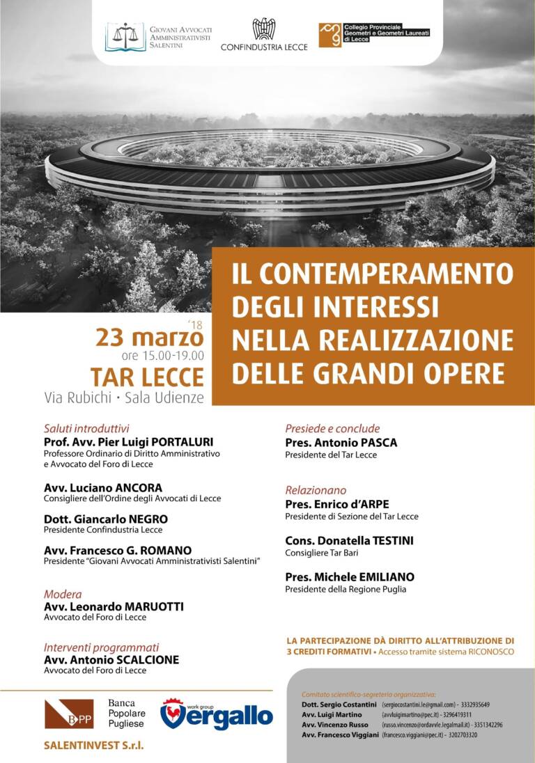 Convegno “Il Contemperamento degli interessi nella realizzazione delle grandi opere” – Lecce 23/03/2018