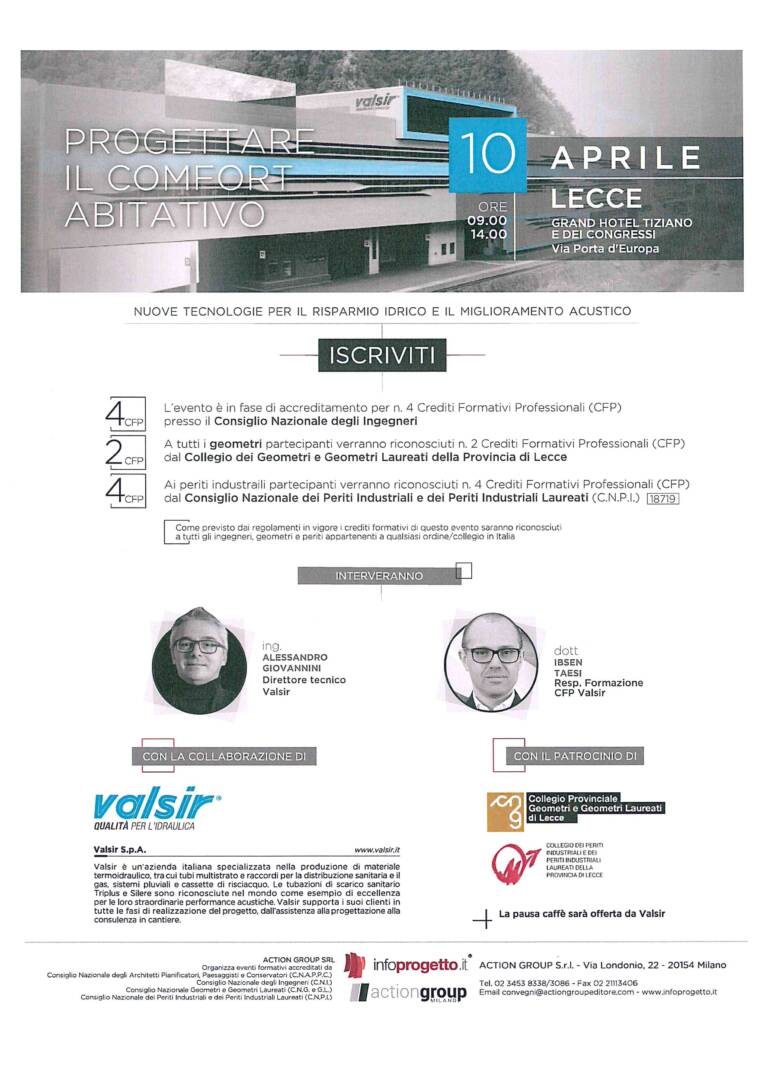 Action Group Srl – Evento “Progettare il comfort abitativo – Nuove tecnologie per il risparmio idrico e il miglioramento acustico” – Lecce 10/04/2018