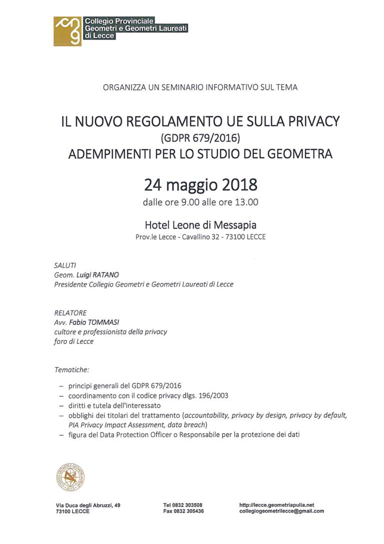 Seminario informativo: “Il nuovo regolamento UE sulla Privacy (GDPR 679/2016). Adempimenti per lo studio del Geometra” – Lecce, 24/05/2018