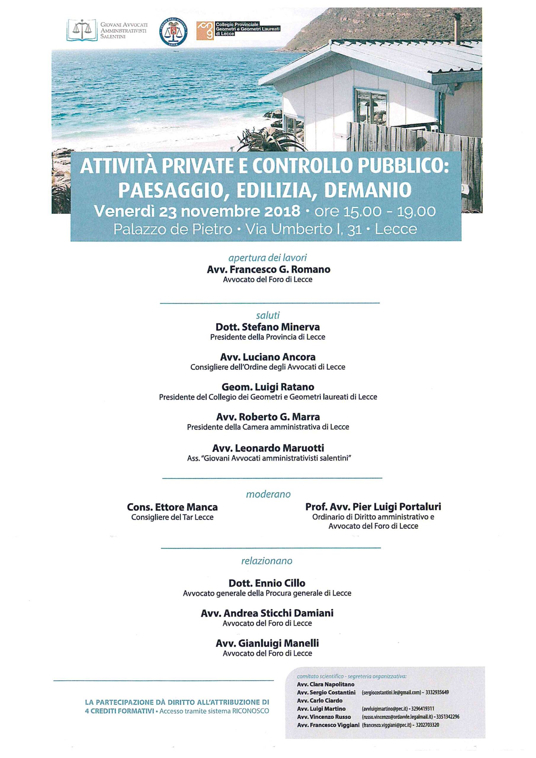 Convegno: Attività private e controllo pubblico: Paesaggio, Edilizia, Demanio – Lecce 23/11/2018