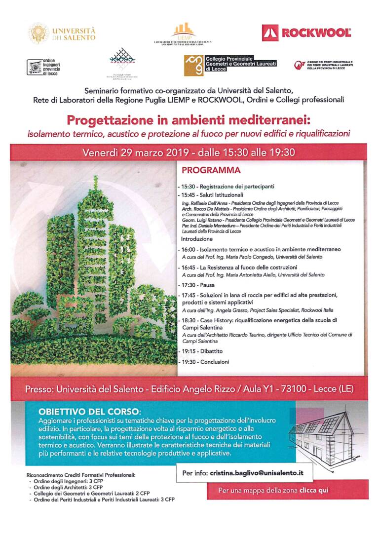 Seminario formativo “Progettazione in ambienti mediterranei: isolamento termico, acustico e protezione al fuoco per nuovi edifici e riqualificazioni” – Lecce 29/03/2019