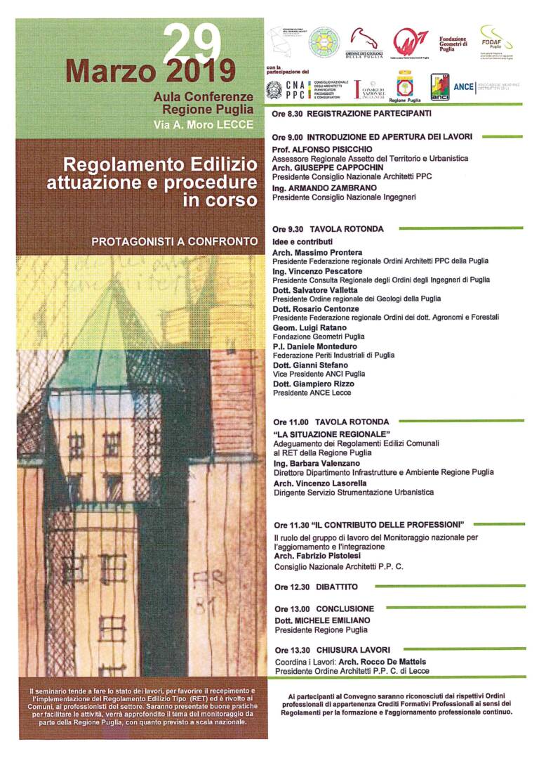 Convegno “Regolamento Edilizio – attuazione e procedure in corso – PROTAGONISTI A CONFRONTO” – Lecce 29-03-2019