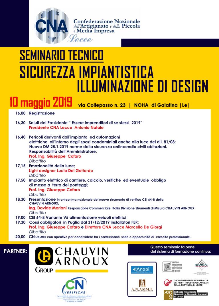 CNA Lecce – Seminario tecnico “Sicurezza Impiantistica – Illuminazione di Design” – Noha di Galatina (Le) 10/05/2019