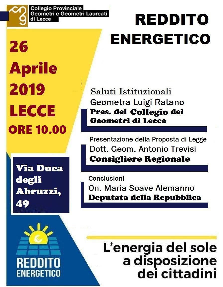 Invito convegno “Reddito Energetico” – Illustrazione Proposta di Legge regionale recante “Istituzione del Reddito energetico regionale” – Lecce 26/04/2019
