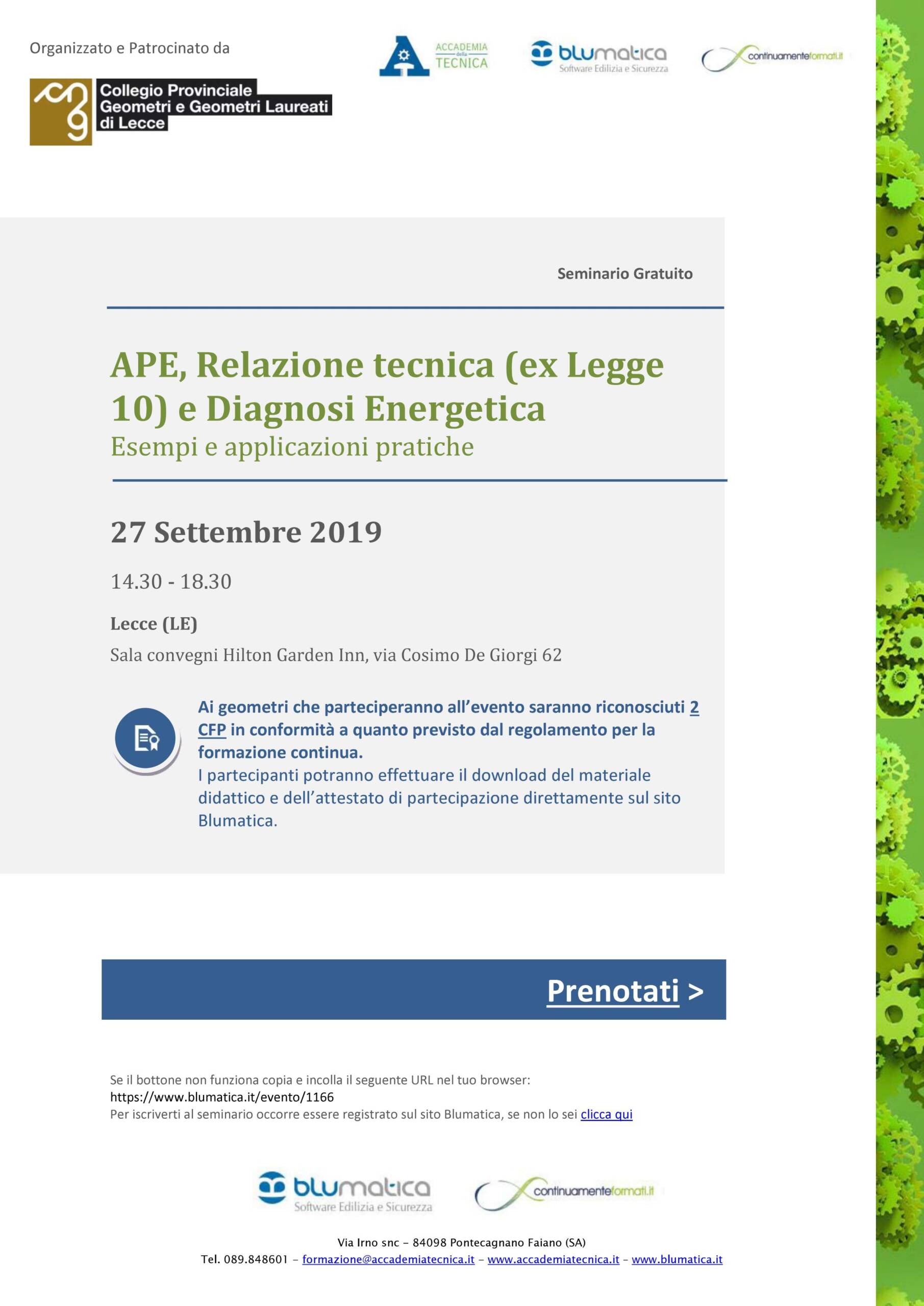 Blumatica – Seminario gratuito “APE, Relazione tecnica (ex Legge 10) e Diagnosi Energetica” – Lecce 27/09/2019