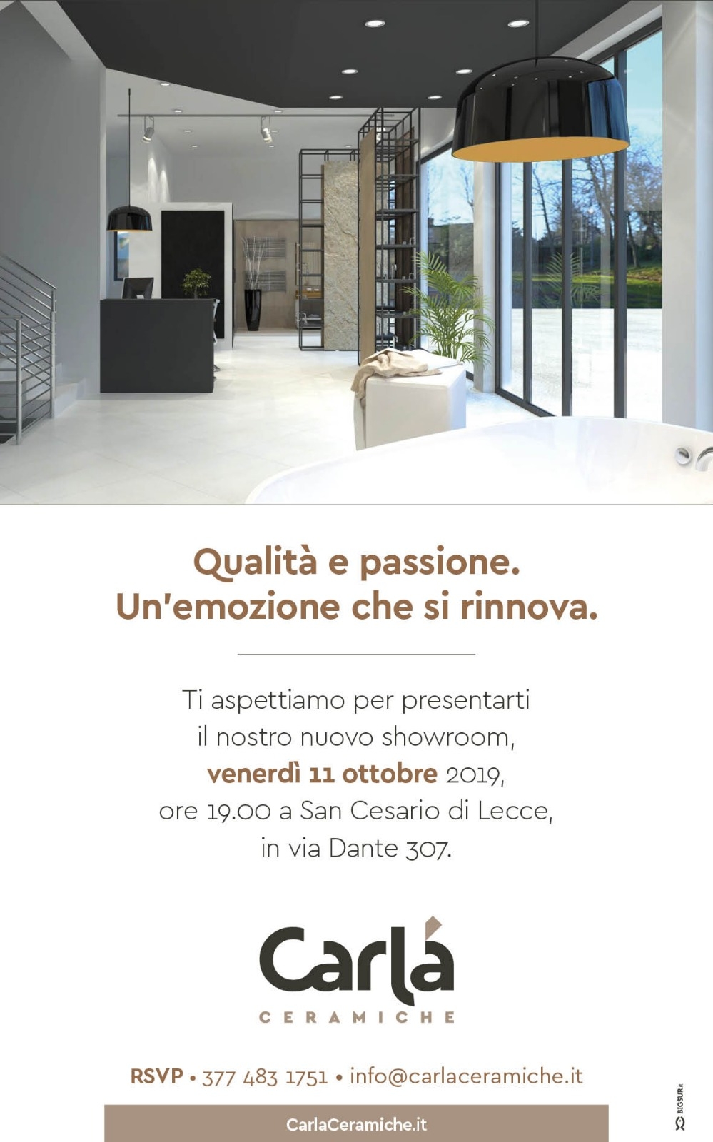 Invito inaugurazione nuovo showroom Carlà Ceramiche – San Cesario di Lecce 11/10/2019