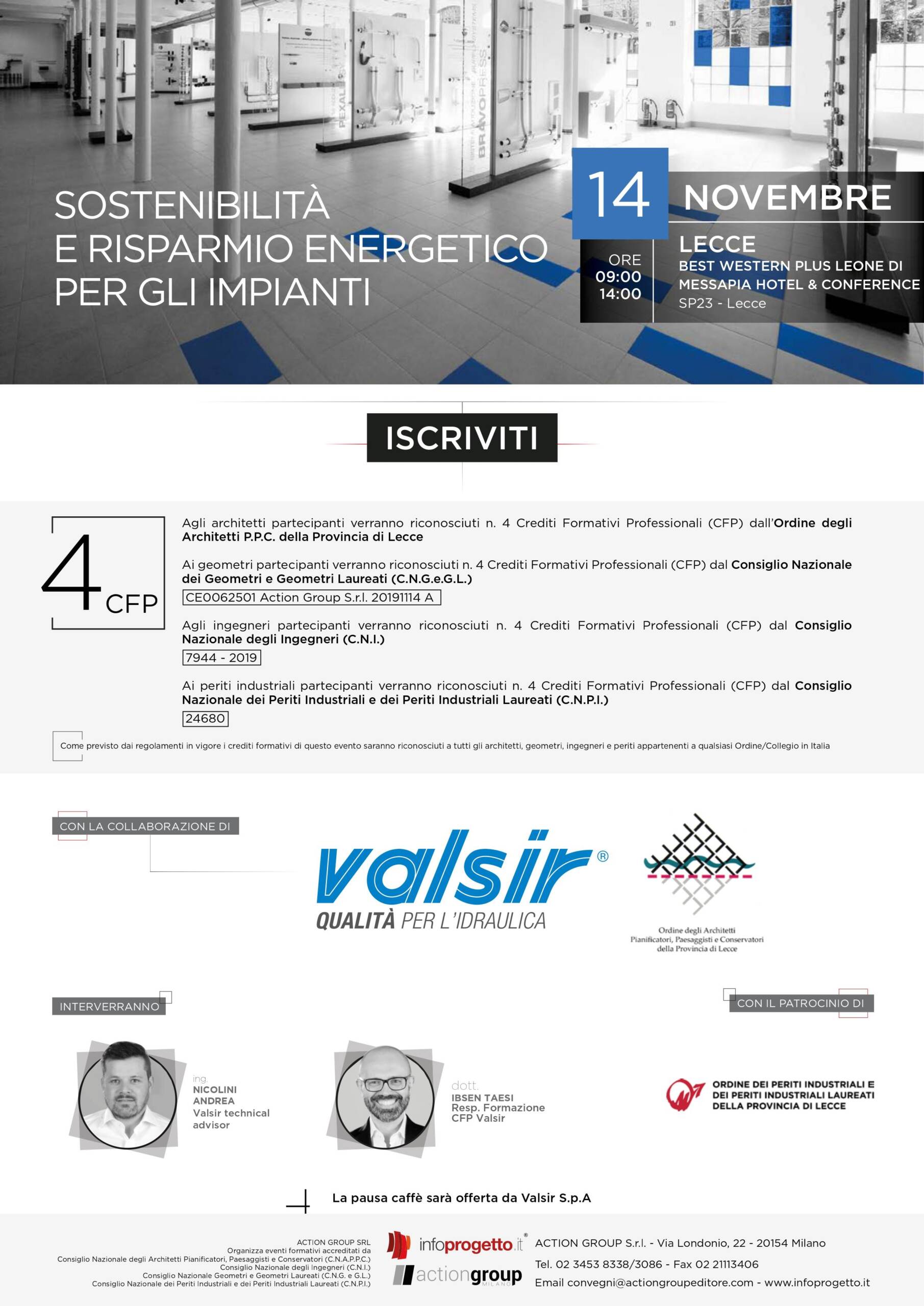 Action Group Srl – Evento “Sostenibilità e risparmio energetico per gli impianti” – Lecce 14/11/2019
