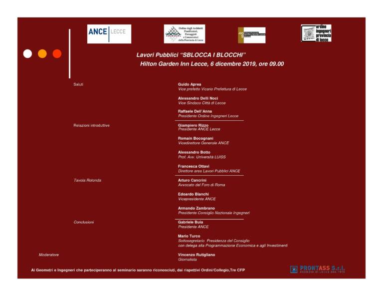 Incontro ANCE Lecce: LAVORI PUBBLICI: SBLOCCA I BLOCCHI – Lecce 06/12/2019
