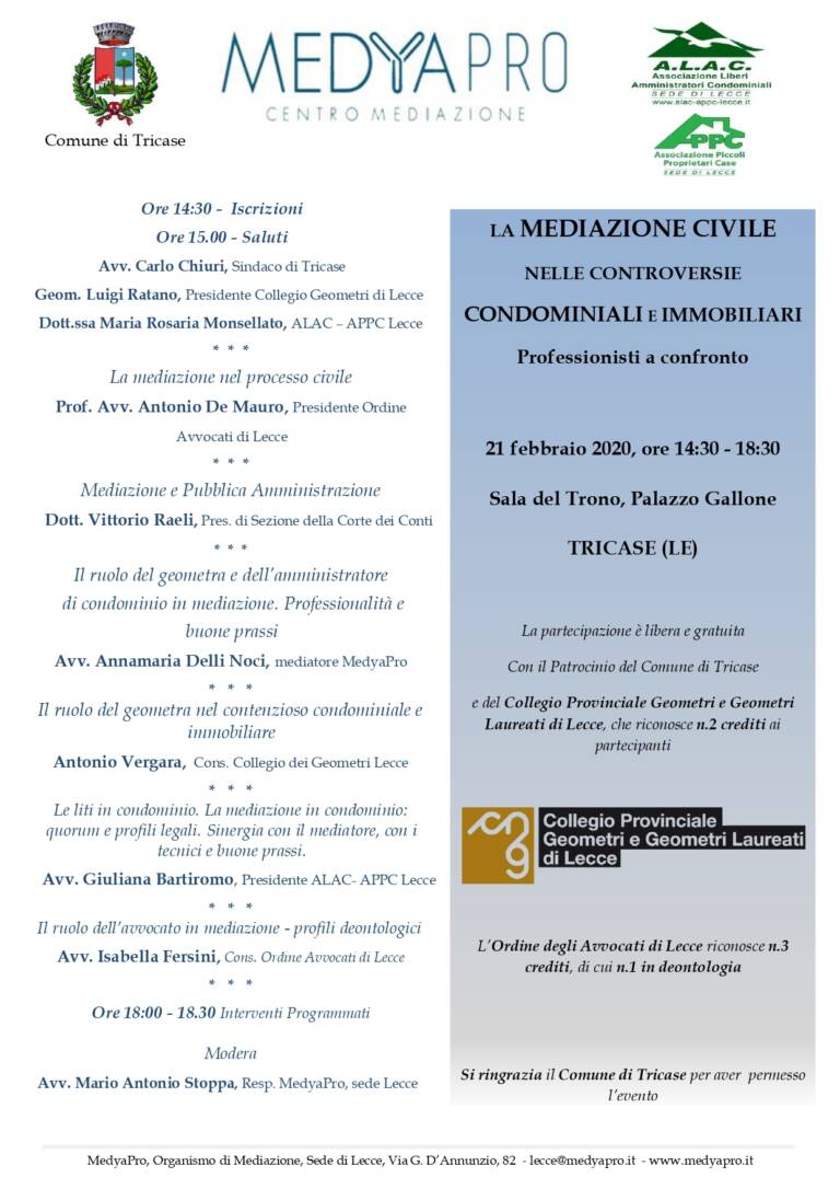 MedyaPro – Evento “LA MEDIAZIONE CIVILE NELLE CONTROVERSIE CONDOMINIALI E IMMOBILIARI” – Tricase 21/02/2020