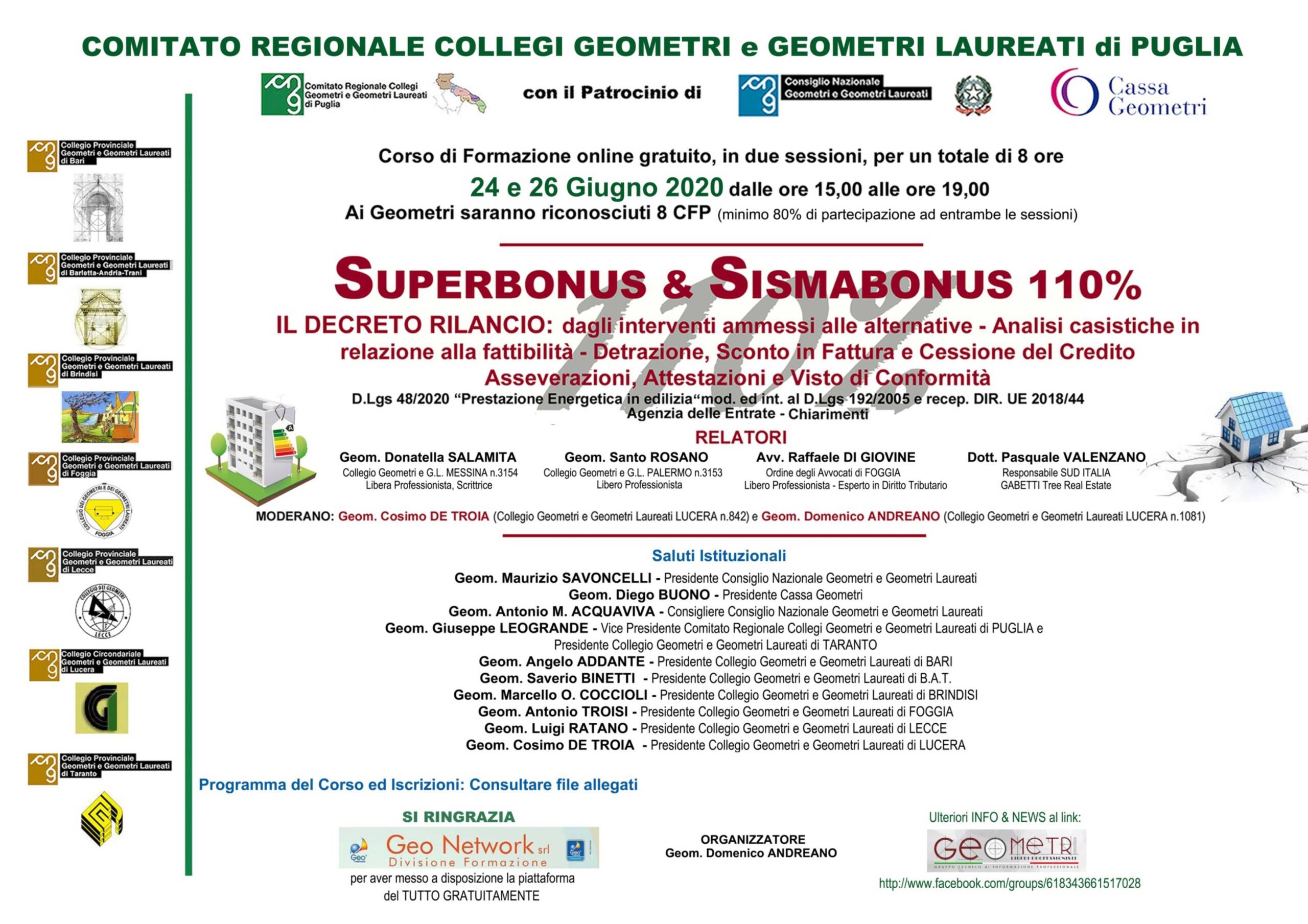 Comitato Regionale Collegi Geometri di Puglia – Corso di formazione on line gratuito SUPERBONUS & SISMABONUS 110% – 24 e 26 giugno 2020