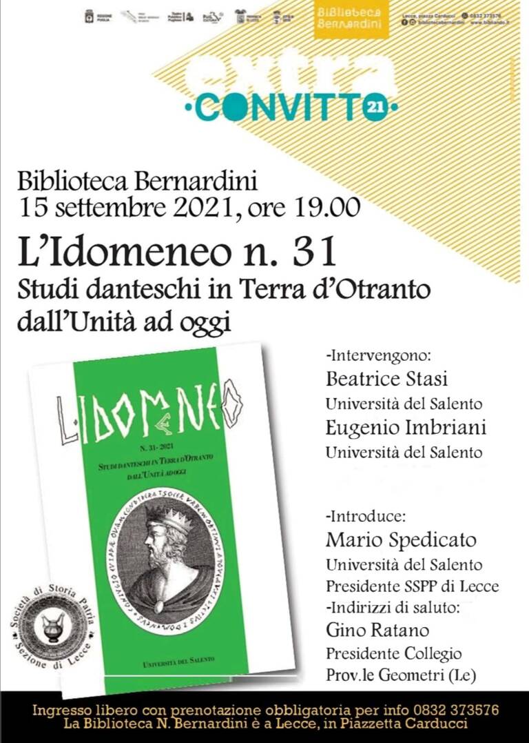 Collegio Geometri Lecce e Società di Storia Patria di Lecce – Presentazione del volume “L’Idomeneo – Studi danteschi in Terra d’Otranto dall’Unità ad oggi” mercoledì 15 settembre, ore 19, Lecce