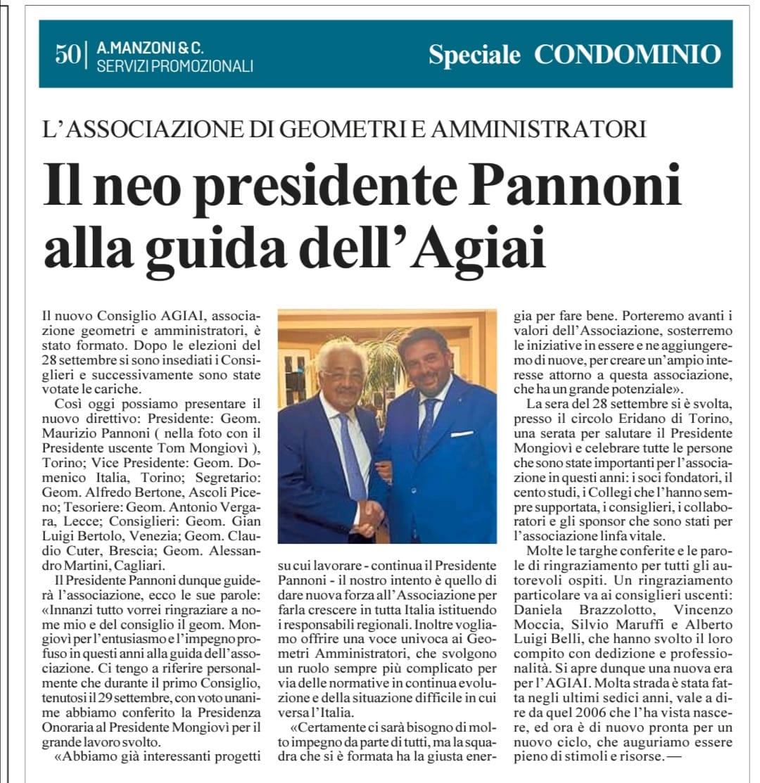 Comunicato Stampa – ANTONIO VERGARA NOMINATO TESORIERE DELL’AGIAI – ASSOCIAZIONE GEOMETRI ITALIANI AMMINISTRATORI IMMOBILIARI