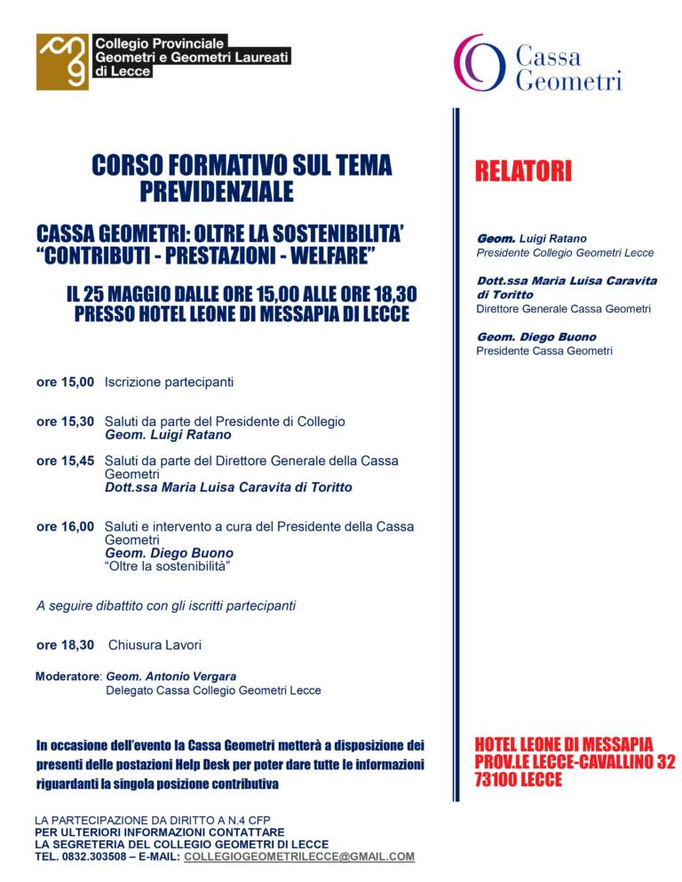 Corso formativo sul tema previdenziale Cassa Geometri: Oltre la sostenibilità “Contributi – Prestazioni – Welfare” – Lecce, 25/05/2023