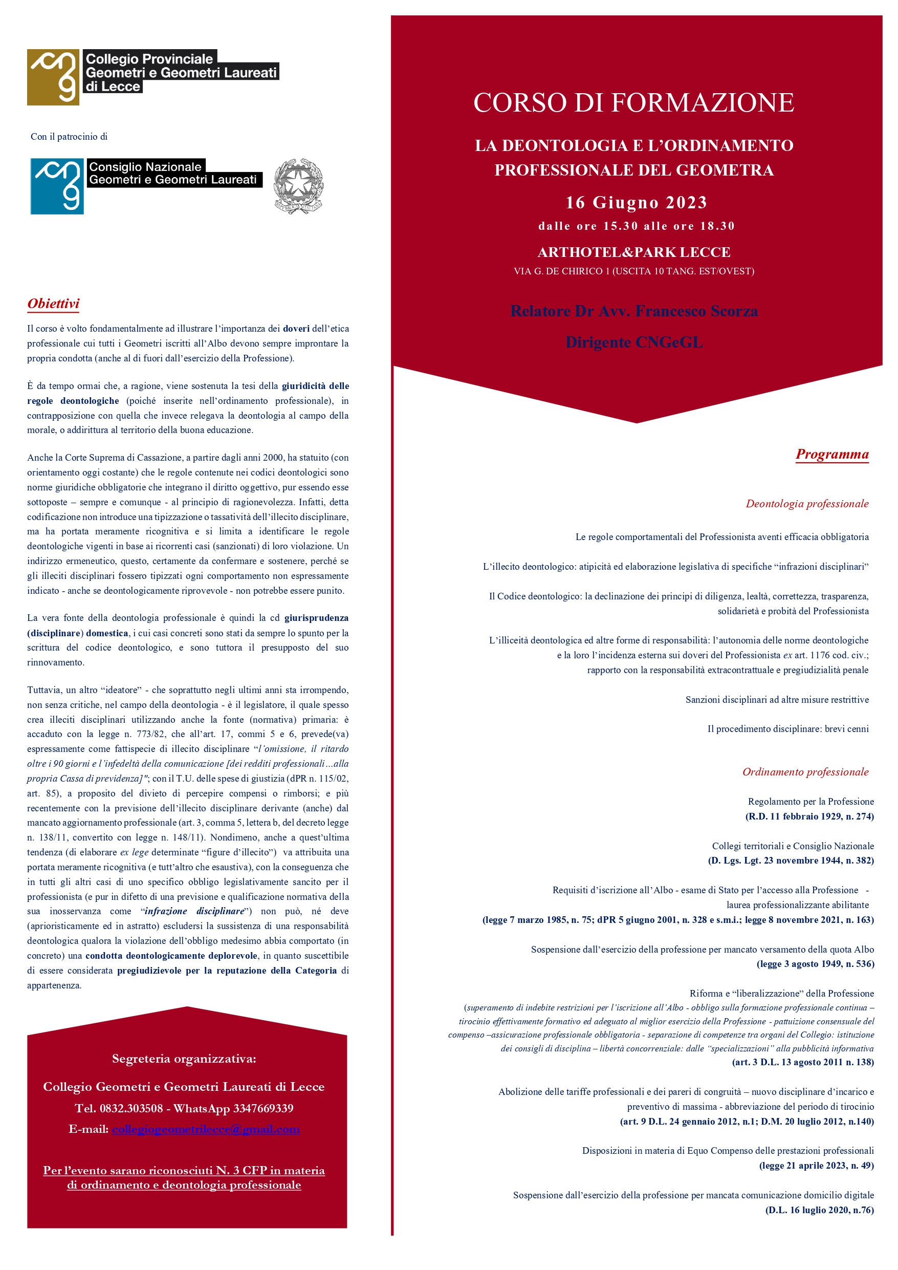 Corso di formazione “LA DEONTOLOGIA E L’ORDINAMENTO PROFESSIONALE DEL GEOMETRA” – Lecce 16 giugno 2023