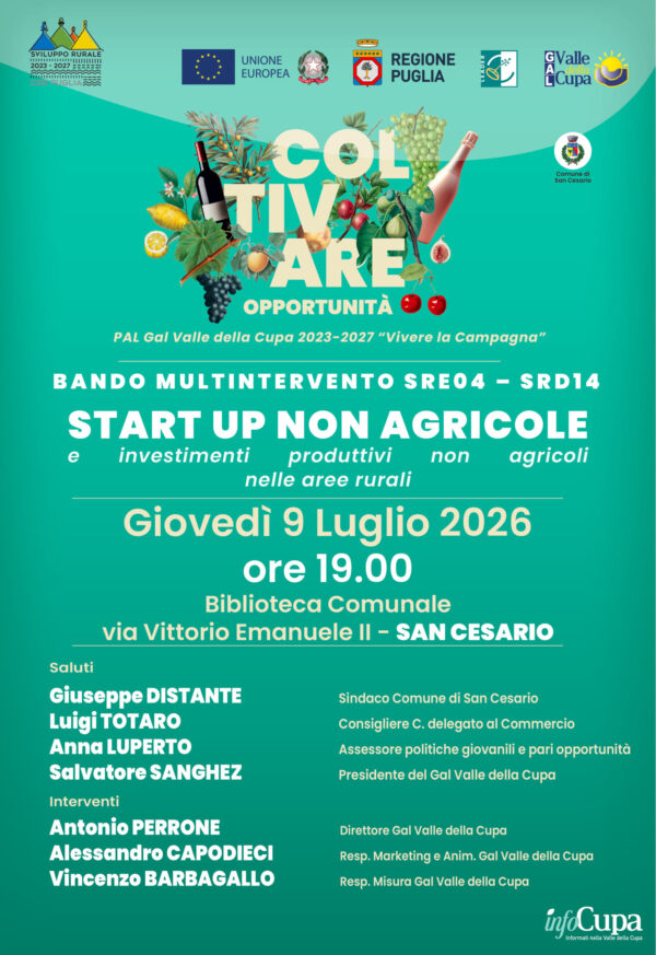GAL VALLE DELLA CUPA S.R.L. – INCONTRO PRESENTAZIONE BOZZA BANDO MULTI-INTERVENTO SRE04–SRD14 – SAN CESARIO 09 LUGLIO 2026