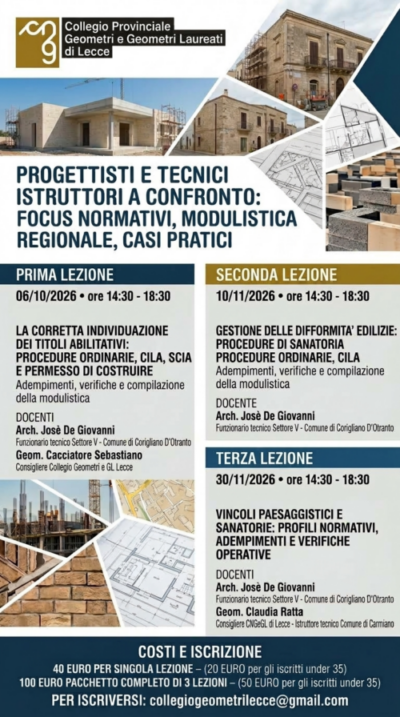 Ciclo di incontri: “PROGETTISTI E TECNICI ISTRUTTORI A CONFRONTO: FOCUS NORMATIVI, MODULISTICA REGIONALE, CASI PRATICI”